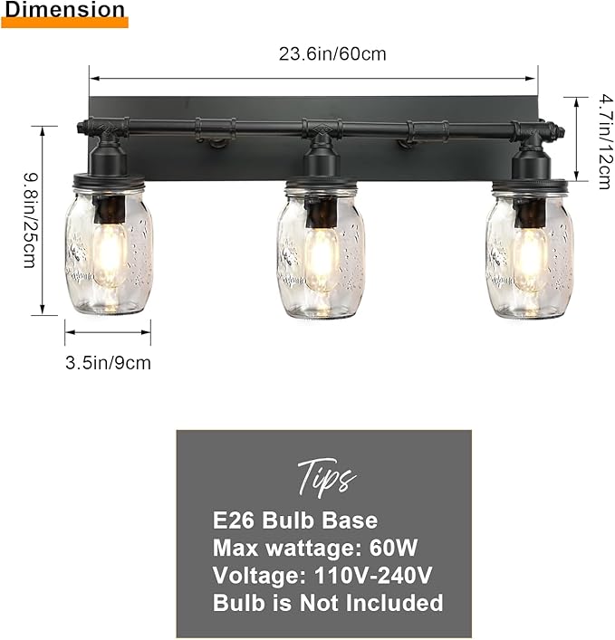 Bathroom Wall Light Fixtures, Industrial Mason Jar Vanity Light, Wall Sconce with Black Finish (3 Lights)