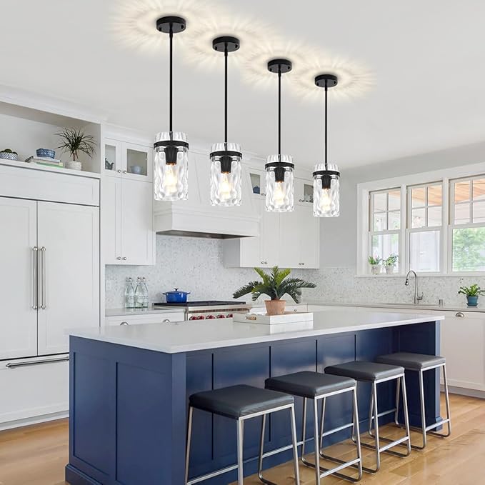3 Pack Black Pendant Lights Kitchen Island, Modern Hammered Glass Kitchen Pendant Lighting Over Island Hanging Bathroom Light Fixtures Adjustable Pendant Light for Hallway Entryway Dining Room