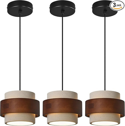 Modern Cement Pendant Light Fixture,Concrete Pendant Lights with Wood Accent,Vintage Farmhouse Chandelier for Kitchen Island Dining Room Living Room Bedroom Restaurant Cafe(White 3-Pack)