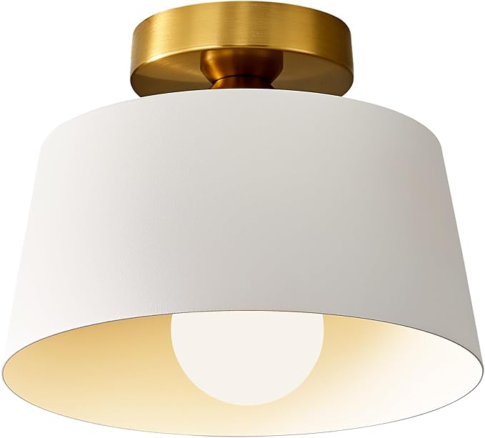 Modern Semi Flush Mount Ceiling Light,Metal Ceiling Light Fixture,E26 Ceramic Lamp Head,White and Gold Ceiling Lamp for Hallway Kitchen Entryway Bedroom Laundry Room (10Inch)