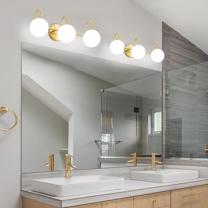 Gold Light Fixtures, 3-Light Over Mirror, Mid Century Modern Bathroom Vanity Lights Wall Sconces With Globe Frosted Milk Glass