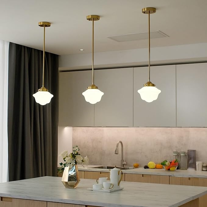 Schoolhouse Pendant Light Set of 3, 8" Brass Gold Pendant Lights with Milk Glass Shade, Farmhouse Ceiling Light Fixtures for Kitchen Dinning Room Living Room Bedroom Hallway