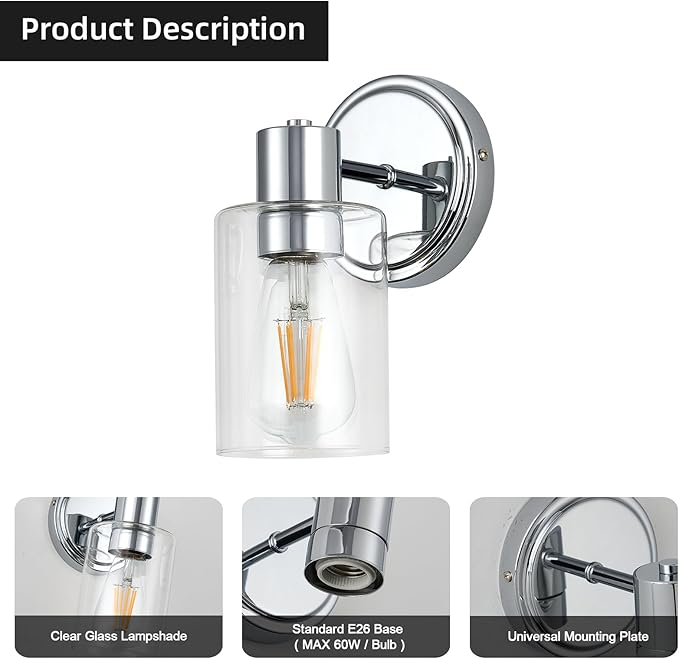 2 Light Bathroom Wall Sconce Light Fixtures with Clear Glass Bathroom Wall Lights Over Mirror Vanity Lights Chrome with E26 Base