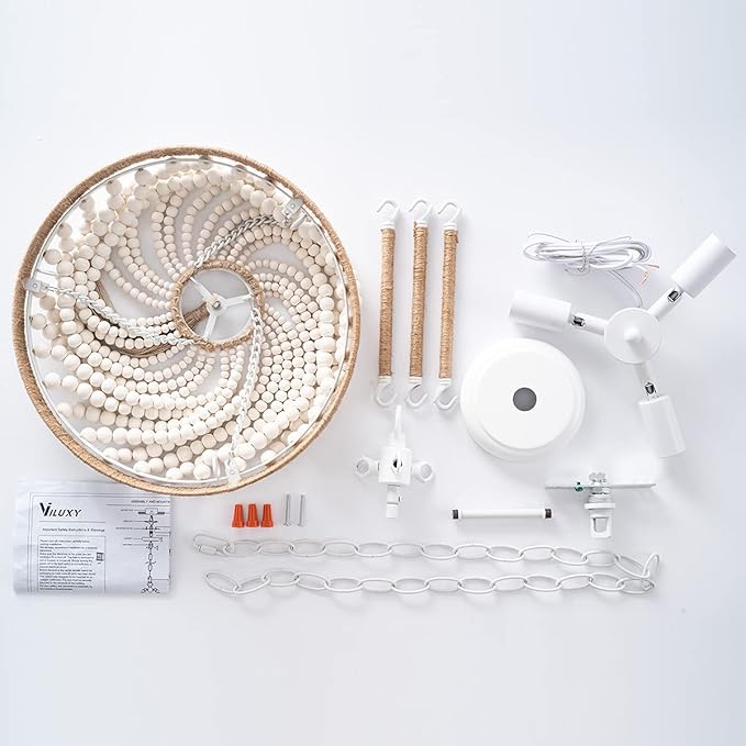 VILUXY Boho Chandelier Farmhouse Wood Beaded Pendant Light Fixture Wood Beaded Hanging Chandeleir 3-Light Rustic Chandelier Bohemia White Beades with Fringe for Bedroom Dining Room Girl Room