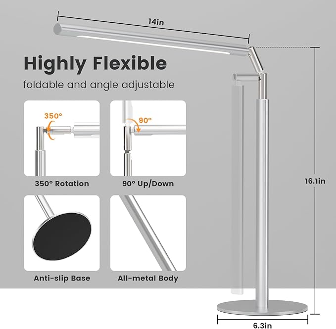 SIBRILLE Silver LED Desk Lamp, 16" Dimmable Metal Desk Light with Base, 15W 1200LM, Adapter Included, Color & Brightness Adjustable, Modern Tall Table Lamp for Home Office Reading Study Task Laptop