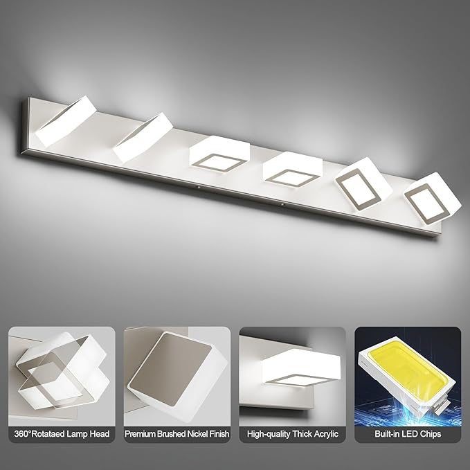 Ralbay Brushed Nickel Bathroom Vanity Light Metal Acrylic Modern LED Bathroom Lighting Over Mirror (White Light 6000K)