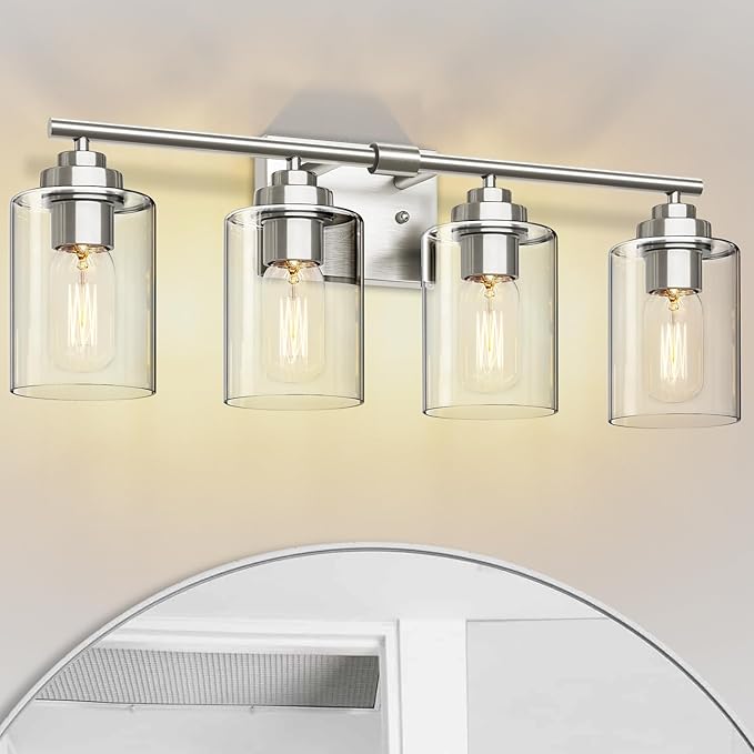 SKEJAO Bathroom Vanity Light Over Mirror,Bathroom Light Fixture Wall Sconce Lighting for Bedroom,Living Room (Nickel, 4-Light)
