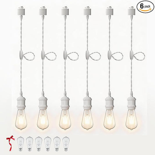 Universal H-Type Modern Pendant Track Lights Kit with 6 Bulbs,6-Pack White Track-Mounted Hanging Fixtures 4000K Natural Light Bulbs, E26 Socket for Kitchen Island and Dining Room