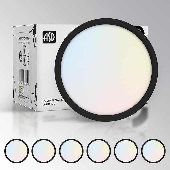 ASD LED 9" Round Flush Mount Light | 18W 1460LM 3000-5000K 120V | 3CCT, Dimmable, Ultra Slim, ETL Listed | Thin Surface Lamp, Bedroom Ceiling Lighting | Black, 6 Pack