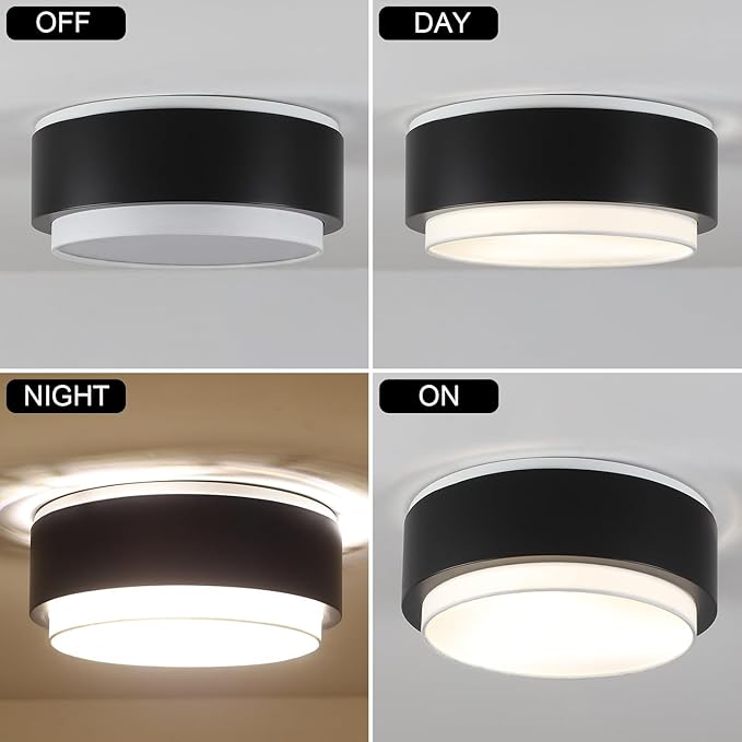 Luupyia 12.59 Inches Drum Ceiling Light with Black Metal and White Fabric Shade, 3Light Simple Modern Drum Semi Flush Mount Ceiling Light with Double Shade, Overhead Light for Bedroom Hallway E26, 60W