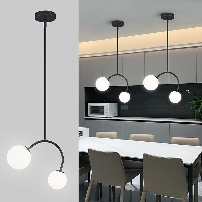 Modern Pendant Light Fixtures, 4.72" Milk Glass Pendant Lights Kitchen Island, Matte Black Kitchen Island Chandeliers for Dining Room, 2 Round Globe-2 Pack,G9 Bace(Bulb Not Included)