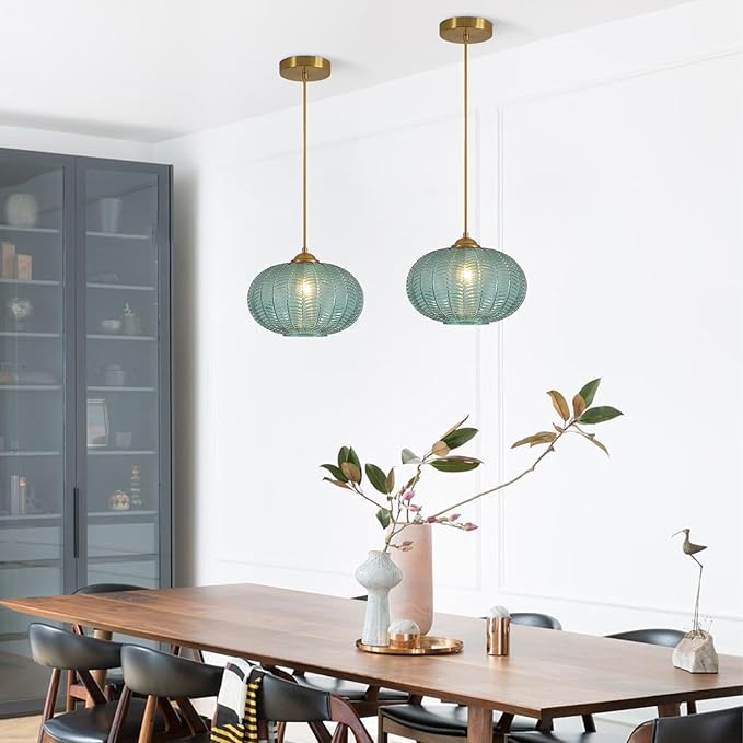 KCO Lighting Green Glass Chandelier Vintage Gold Pendant Light Large Green Ribbed Ceiling Light Antique Brass Hanging Light Mid Century Modern Pendant Lights Kitchen Island