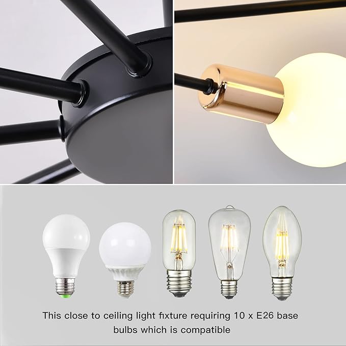 10-Light Semi Flush Mount Light Fixture, Black and Gold Sputnik Ceiling Light, Modern Close to Ceiling Light for Bedroom Kitchen Living Room Entryway Laundry Room