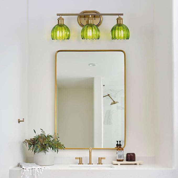 Gold Bathroom Light Fixtures, 3-Light Vanity Lights for Bathroom with Ribbed Green Tulip Glass Shade, Brass Wall Scone Lighting Over Mirror for Farmhouse,Bedroom,Living Room,Hallway