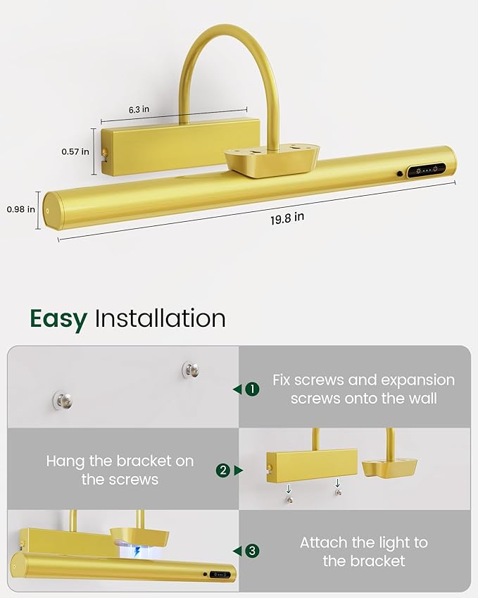 Bridika Picture Light Battery Operated, 19.7in Picture Lights for Wall, 3 Colors & Brightness Dimmable, Rechargeable Art Light for Paintings Photo Dartboard Gallery Bedroom Bathroom Gold