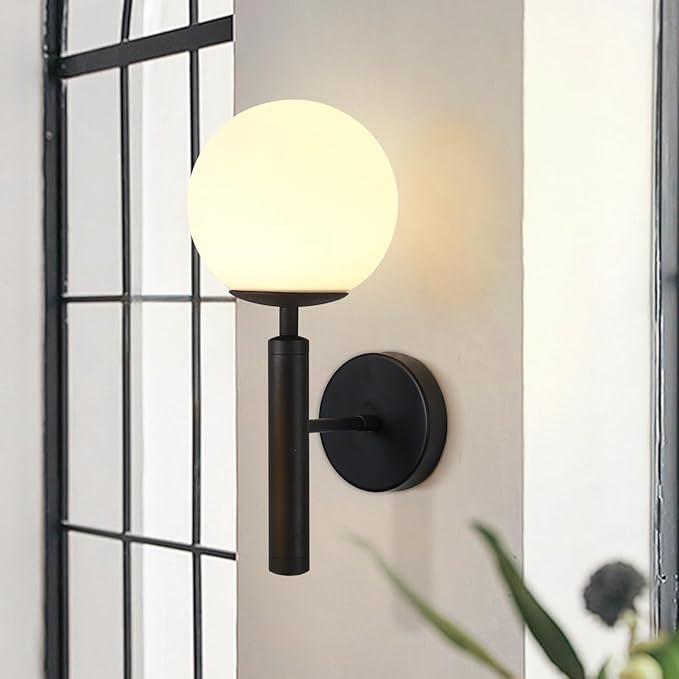 KCO Lighting Black Mid Century Modern Wall Sconce Vintage White Milk Glass Wall Sconce Globe Wall Light Bathroom Wall Light Fixture Bedroom Wall Lighting