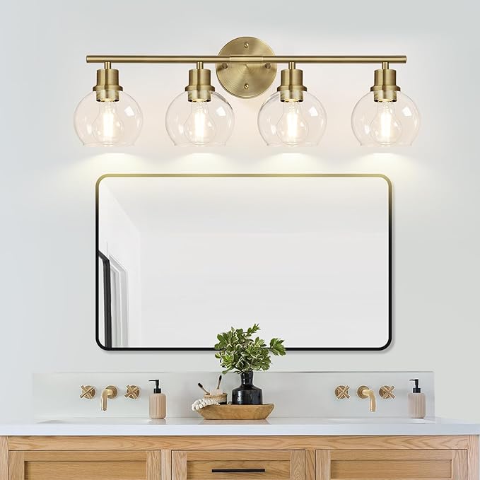 Indoi 4-Light Bathroom Light Fixtures, Brushed Brass Bathroom Lights Over Mirror with Clear Glass Globe Shade, Vanity Lights for Bathroom Kitchen Living Room Hallway Cabinet Bedroom Porch