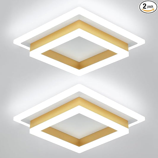 Modern LED Ceiling Lights, Gold Small Hallway Ceiling Light, 32W Cool White 6000K Acrylic LED Ceiling Light Fixtures, Close to Ceiling Lights for Bedroom Kitchen Bathroom(2 Pack)