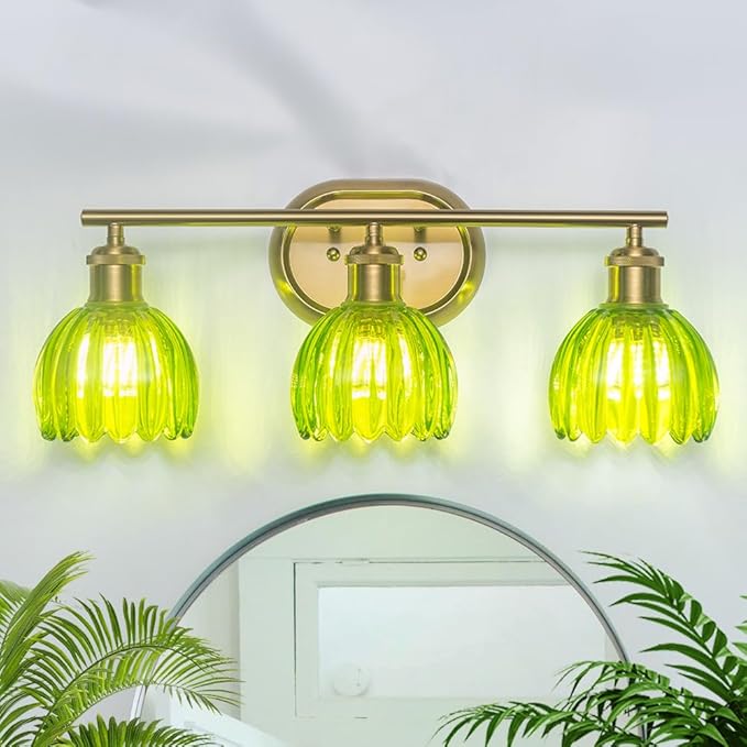 Gold Bathroom Light Fixtures, 3-Light Vanity Lights for Bathroom with Ribbed Green Tulip Glass Shade, Brass Wall Scone Lighting Over Mirror for Farmhouse,Bedroom,Living Room,Hallway