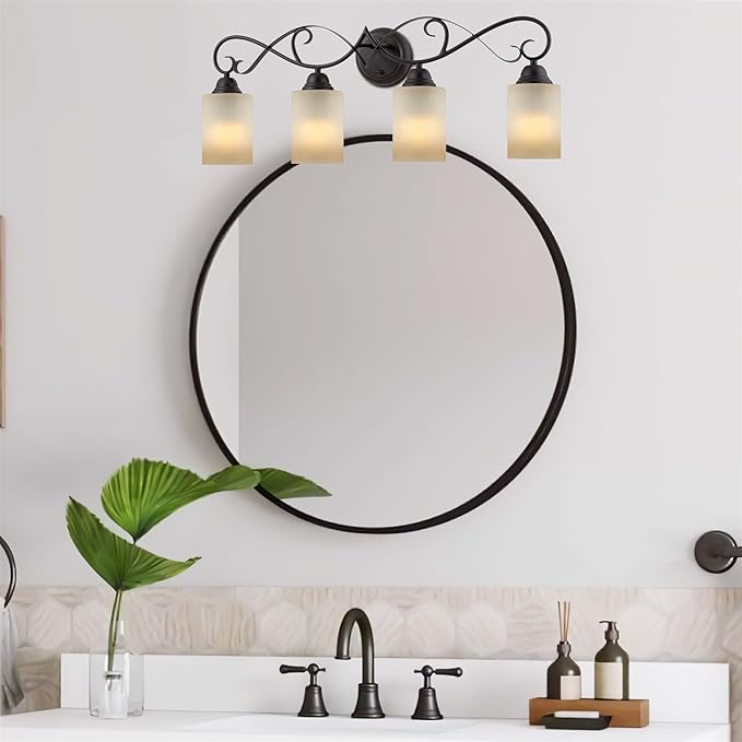Kira Home Villa 31" Traditional 4-Light Bathroom Vanity Light with Scrollwork Design and Frosted Amber Glass Shades, Oil Rubbed Bronze Finish