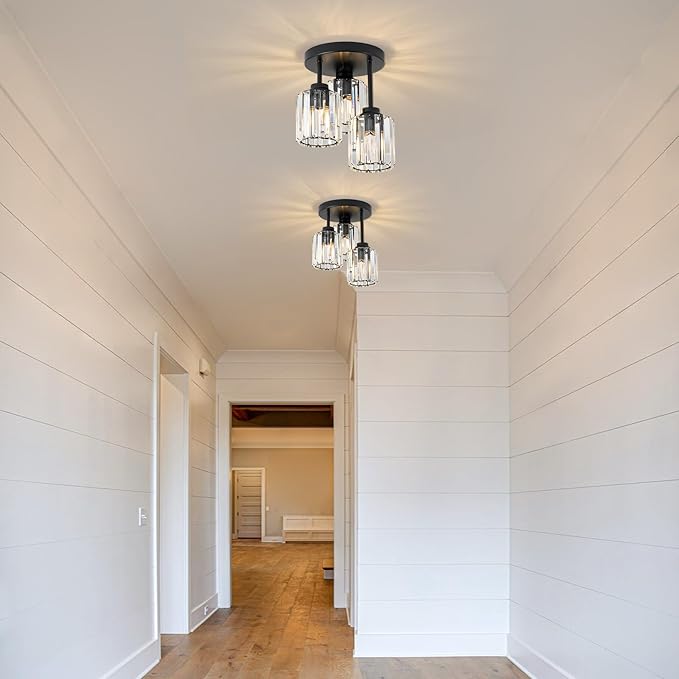 3-Light Modern Semi Flush Mount Ceiling Light, Crystal Ceiling Light with Clear K9 Crystal Shades, Black Close to Ceiling Light Fixtures for Hallway Kitchen Bathroom Entryway