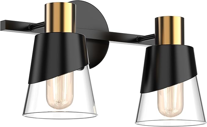 URSOLA Bathroom Lighting Fixtures Over Mirror, 2 Lights Bathroom Vanity Light, 13 inchBathroom Light Fixtures, Black and Gold Design with Bevelled Edge and Clear Glass Shade Wall Lamp