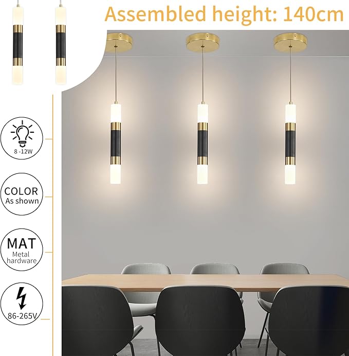 Modern Kitchen Island Pendant Light Fixtures, Black and Gold LED Ceiling Hanging Lights, 3 Color 2700K/4500K/6500K, Over Table Mini Linear Acrylic Pendant Lighting for Dining Room, Bedside, Bar