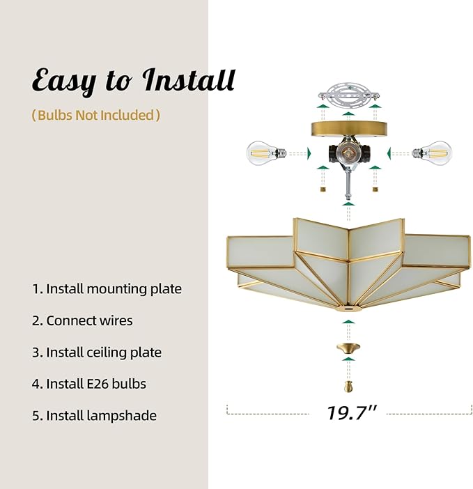 Star Brass Vintage Ceiling Light - 19.7 in Large Milk Glass Antique Brushed Gold Flush Mount Fixture, Mid Century Art Deco Overhead Lighting for Kitchen Hallway Bedroom Bathroom Laundry Entryway Hall