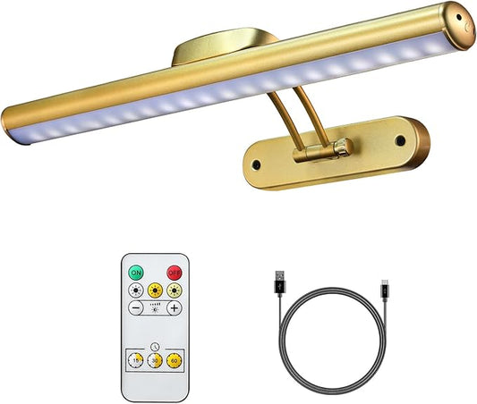 MIOBLUE Rechargeable Picture Light with Remote, Wireless Battery Art Display Light with Remote Control, Dimmable/Timer Off Painting Light, 3 Lighting Modes Full Metal Dartboard Lights (Gold-1Pack)