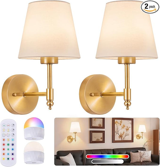 Battery Operated Wall Sconce Set of 2, Rechargeable Wireless Wall Lights with fabric Lampshade, 5200mAh Dimmable Bulbs with Remote,15 Colors Wireless Wall Lamps for Bedroom Living Room Hallway Decor