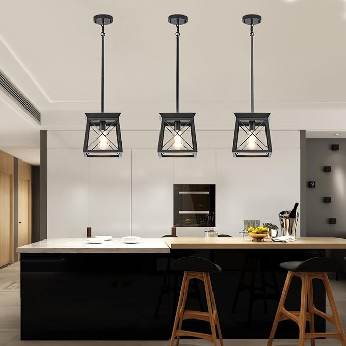 HuixuTe Black Farmhouse Pendant Lights, Industrial Kitchen Island Lighting, Rectangle Linear Cage Chandeliers for Kitchen, Dining Room Table