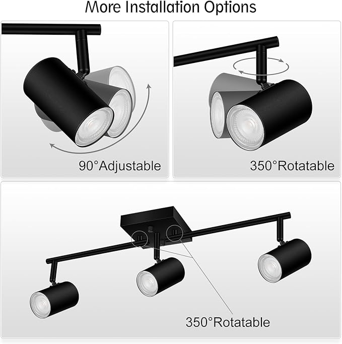 3 Light Track Lighting Fixtures Ceiling, Black LED Track Lighting Kit, Modern Kitchen Track Lights with Rotatable Light Heads, Ceiling Spot Lighting for Living Room/Hallway/Bar, No GU10 Bulb