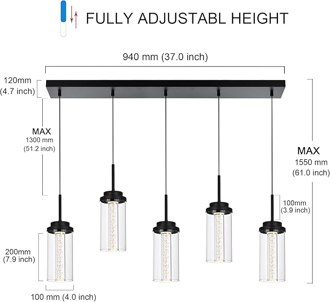 MELUCEE Modern Chandelier for Dining Room 5-Light Dimmable LED Pendant Light with Clear Glass Shade, 3000K-6000K Adjustable Color Temperature Linear Island Lights for Kitchen Dining Table, 25W, Black