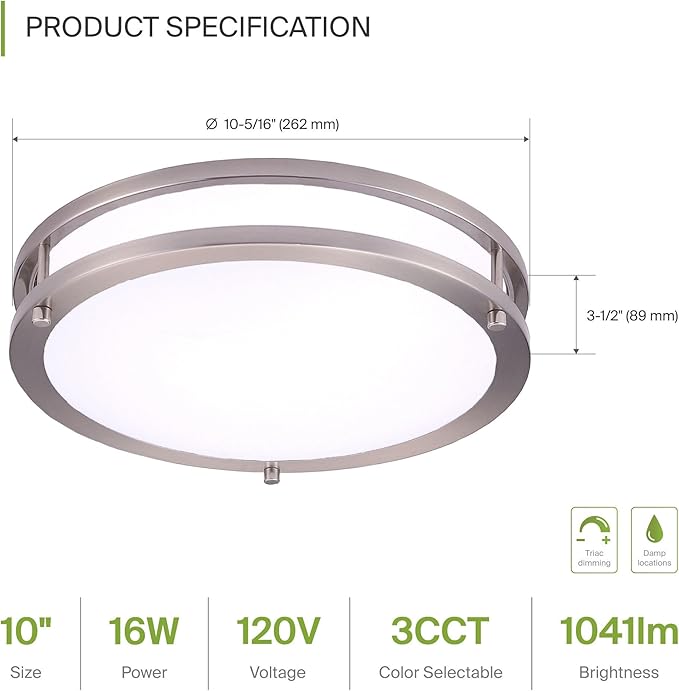 ASD LED 10" Round Flush Mount Lighting, Close to Ceiling Light Fixture | 3CCT, Dimmable, Energy Star, ETL Listed | 16W 1041LM 3000K-5000K 120V | Low Profile Double Ring Lamp | Nickel, 4 Pack