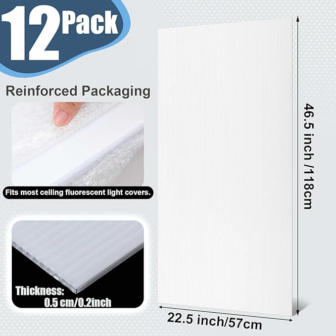Pushglossy 12 Pack 22.5" x 46.5" x 0.2" Fluorescent Light Covers Replacement, Cuttable Polycarbonate Diffuser Panels for Drop Ceiling Light Fixture for Office Classroom Commercial Use (Milky White)