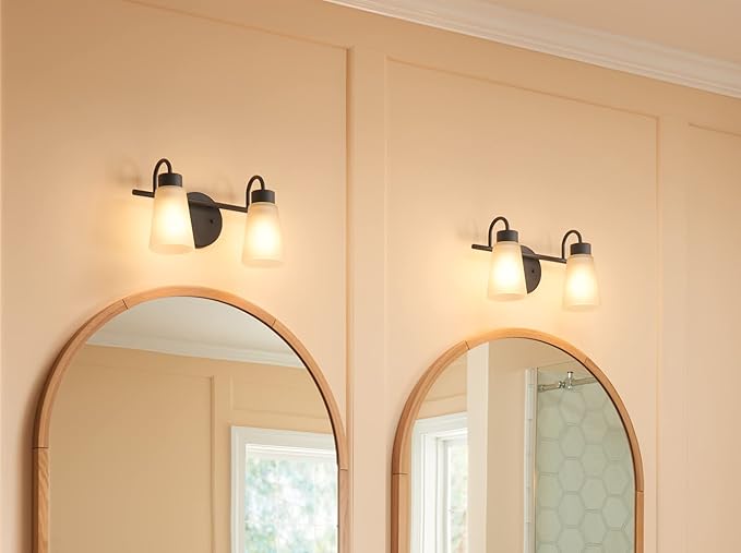Kichler Stamos 2-Light Bathroom Vanity Light Fixture with Satin Etched Glass Shades, Modern Wall Light in Black for over Mirror Lighting Installation, 13 in x 8 in x 5 in, 55120BK
