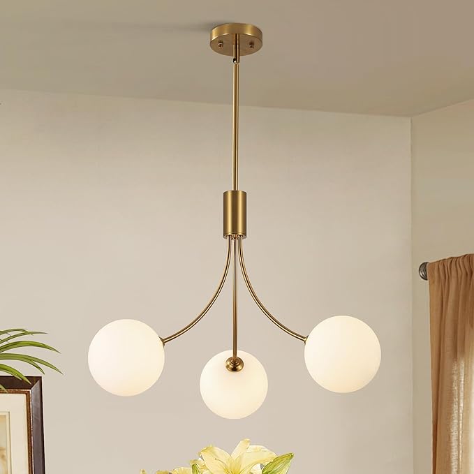 CNRATYE 3-Light Modern Farmhouse Gold Chandeliers for Dining Room, Mid Century Pendant Lights Kitchen Island, Globe Sputnik Chandelier for Entryway Living Room Bedroom Office Bathroom