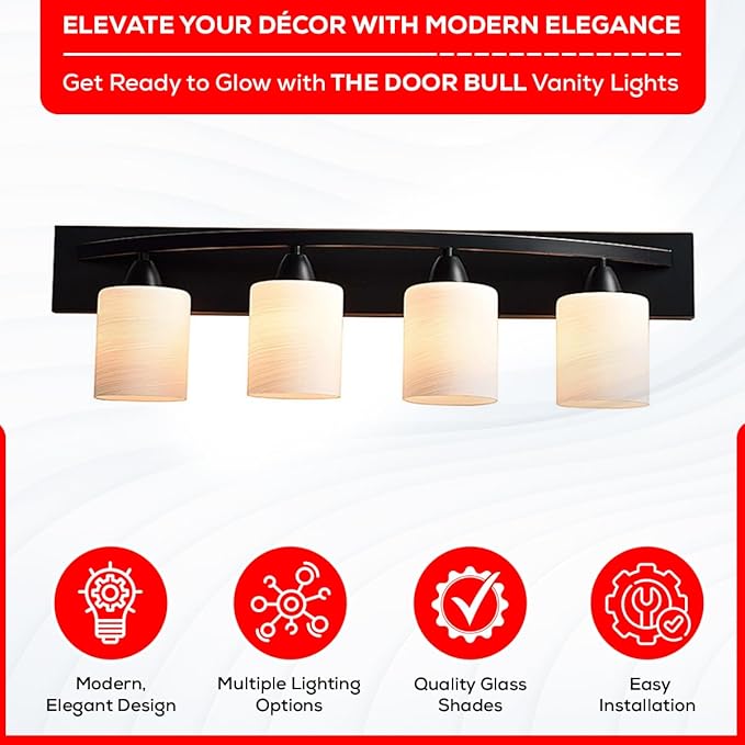 The Door Bull Modern 4-Light Bathroom Vanity Light – Oil Rubbed Bronze Fixture with Frosted Glass Shades, E26 Socket – Wall Sconce for Mirror, Bathroom, Kitchen, Hallway, Entryway