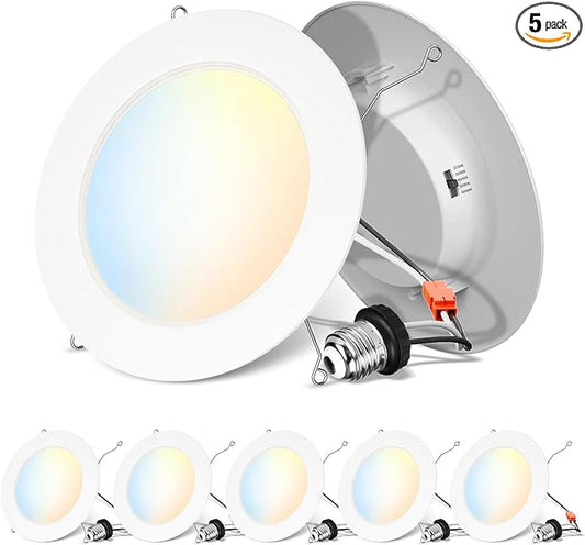 ANWIO Recessed Lighting 6 Inch 5CCT 1000LM High Brightness Flat Retrofit LED Recessed Lights Can Needs, 2700/3000/4000/5000/6000K Selectable Can Lights 10W CRI 80+ Dimmable E26 IC Rated & ETL 5 Pack