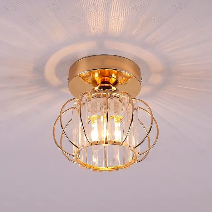 Gold Modern Semi Flush Mount Ceiling Light Fixture Mini Chandeliers Crystal Ceiling Flush Mount Ceiling Lighting Fixture Lampshade for Bedroom Kitchen Hallway Staircase Closet Dining Room E26 Base