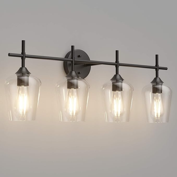 Ralbay Vintage Bathroom Vanity Lighting Fixtures 4-Lights Industrial Matte Black Finish with Clear Glass Vanity Lights Farmhouse Bathroom Vanity Lights Wall Sconce