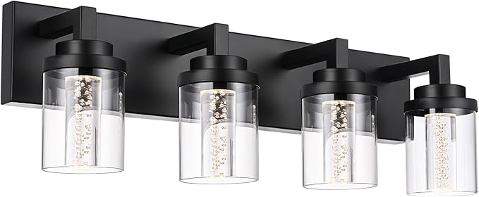 MELUCEE 4-Light 5 Color Dimmable Vanity Lights for Bathroom Bubble Crystal LED Bathroom Lighting Fixtures Over Mirror, Black LED Wall Sconce with Clear Glass Shade, Built-in Led Chips