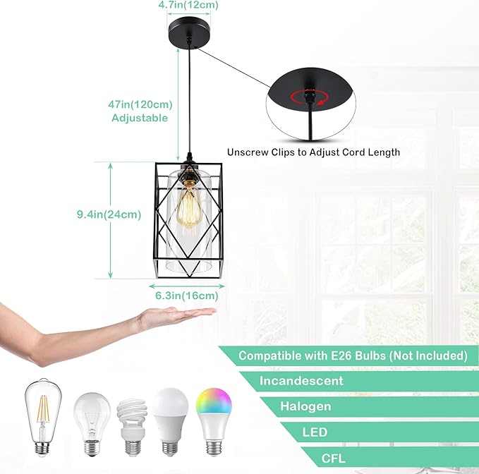 HMVPL Farmhouse Pendant Light Fixtures, Set of 2 Black Farmhouse Hanging Chandelier Lights with Glass Shade, Mini Industrial Ceiling Lamp for Kitchen Island Dining Room Over Sink Hallway Bedroom