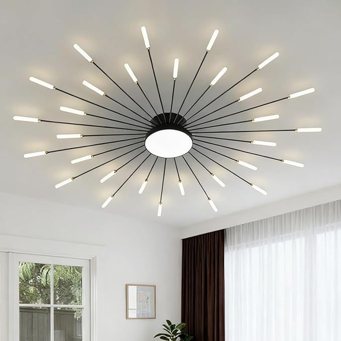 30 Lights Led Ceiling Light, 51 Inch Modern Semi-Recessed Chandelier, Black Indoor Lighting for Living Room Bedroom Kitchen Dining Room, 42W Fireworks Decorative Ceiling Light Close To The Ceiling
