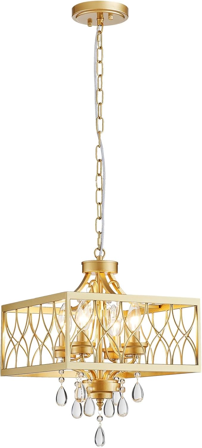 Farmhouse Crystal Chandelier Gold Modern K9 Crystal Ceiling Chandelier Lighting Fixture, Hanging Pendant Light Fixture, Kitchen Island Lighting for Dining Room Living Room Entryway Bedroom Hallway