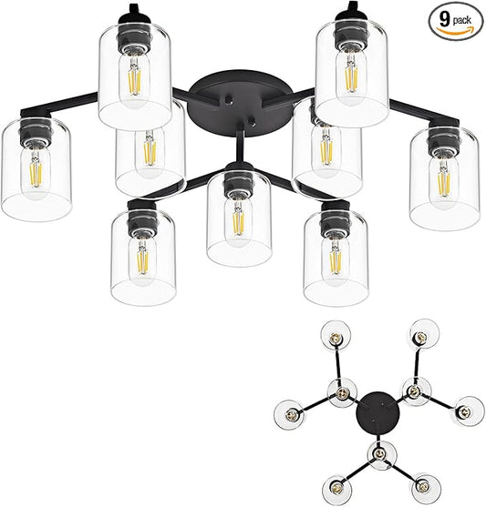 9 Light Kitchen Lighting Fixtures Ceiling Black Semi Flush Mount Ceiling Light Fixture Large Living Room Lighting Cieling Lamps for Dining Room Living Room Light Fixture with Clear Glass Shades