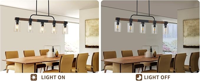 Farmhouse Dining Room Light Fixtures Over Table，Rustic Ceiling Pendant Lights Kitchen Island，5-Light Wood Kitchen Island Lighting Linear Chandelier with Clear Glass lampshade