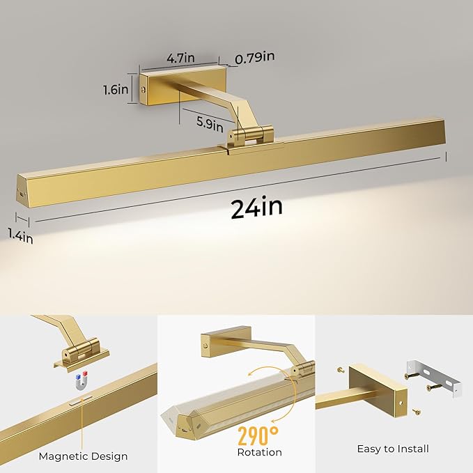Afyuol Picture Lights for Wall, Brushed Gold Battery Operated Picture Light 24in Art Light CCT Dimmable Recharging Battery Wall Light with Remote Control for Living Room Gallery