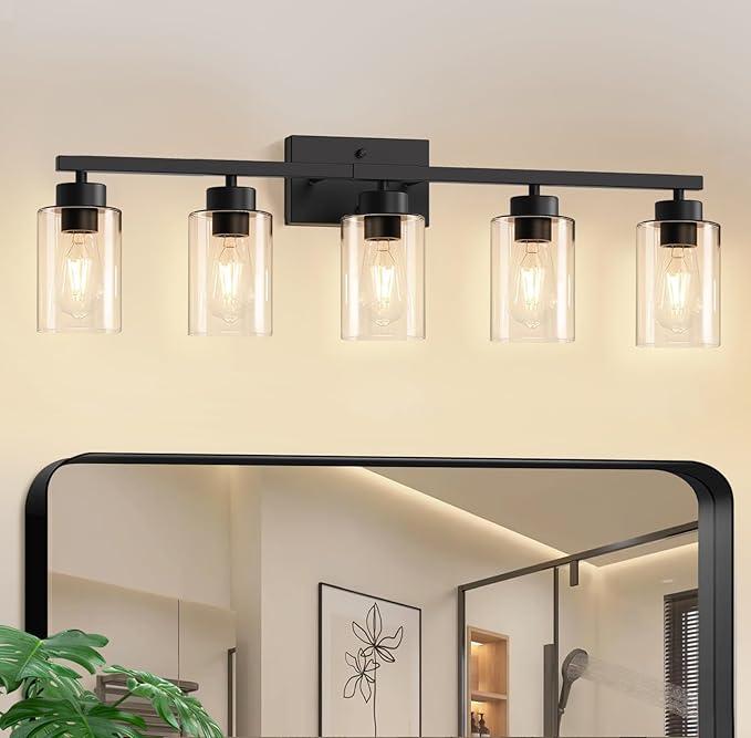 IZORRO Modern Bathroom Light Fixtures, 5 Light Black Vanity Lights, Bathroom Lighting Fixtures Over Mirror with Clear Glass for Living Room Cabinet Bedroom
