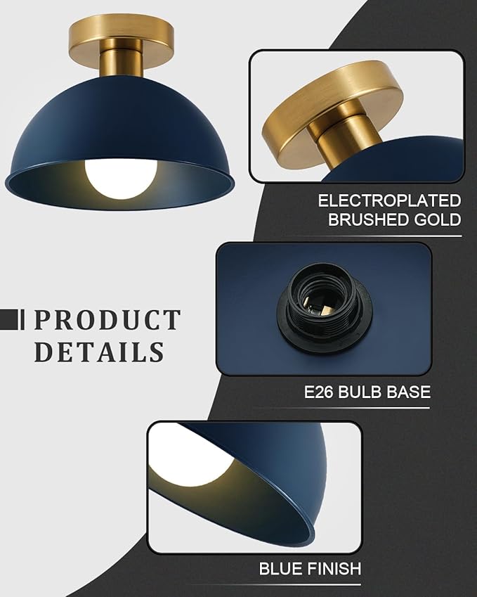 Industrial Semi Flush Mount Ceiling Light with Gold Plate and Blue Shade, Farmhouse Ceiling Light Fixture for Kitchen Island Dining Room Foyer Hallway Porch Barn Loft，10in
